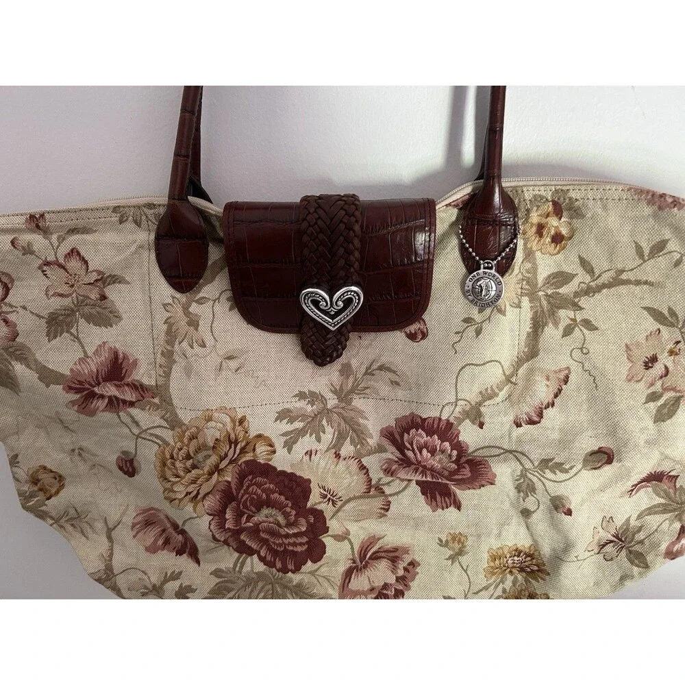 Brighton Floral Tapestry Tote Bag Brown Leather Croc Heart Charm Shoulder Purse